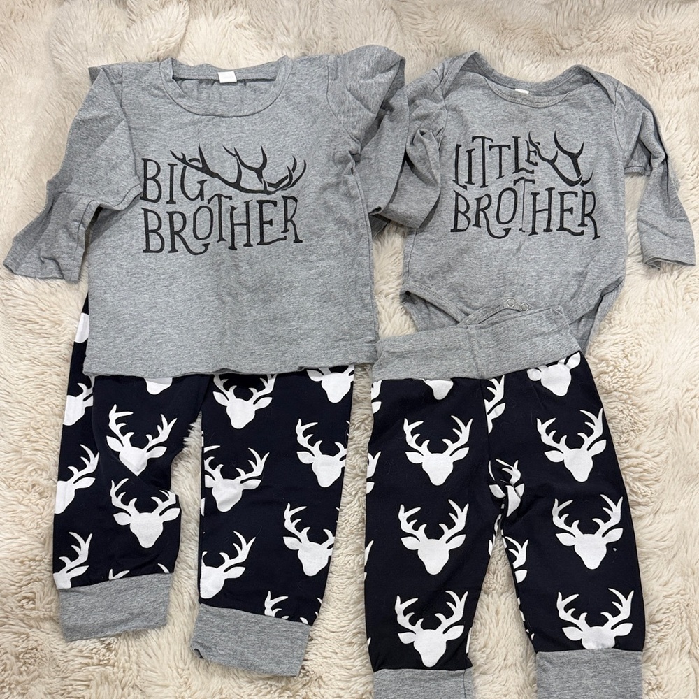 Big Brother Little Brother Outfit Sets Deer Buck Pattern Grey and Navy
